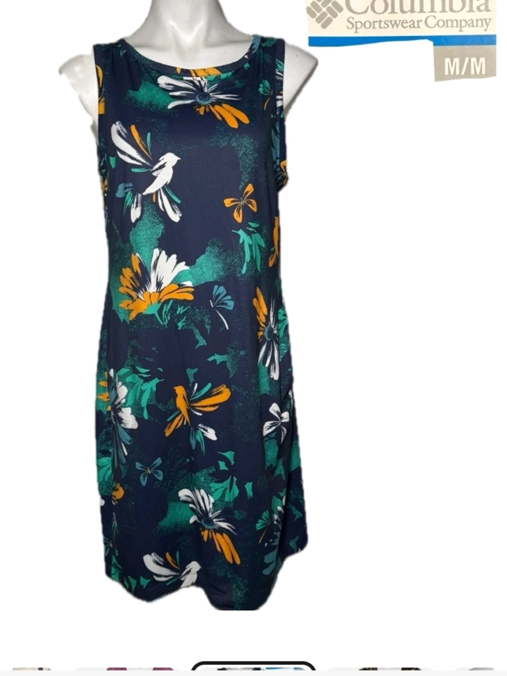 Columbia Navy Floral Sleeveless Mini Dress with Teal & Mustard Accents